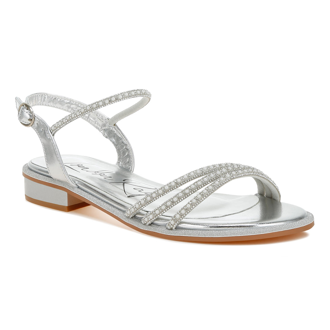 rhinestone pearl detail flat sandals#color_silver