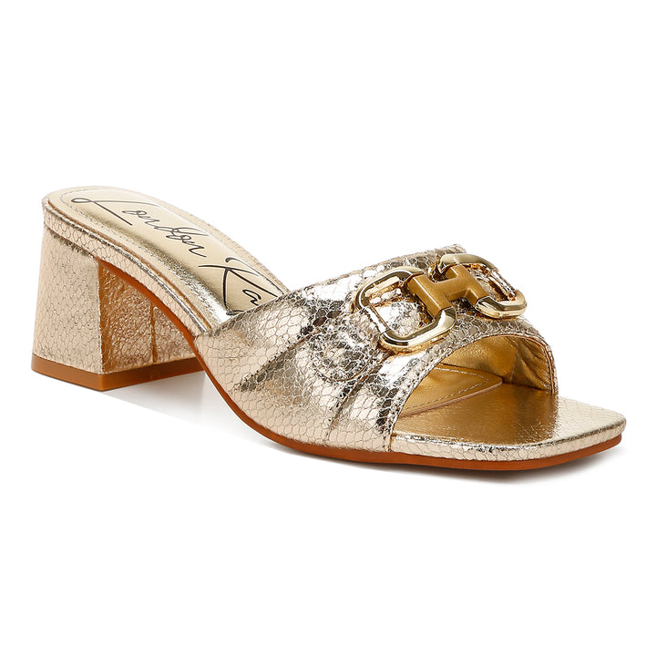 horsebit detail snake print sandals#color_light-gold