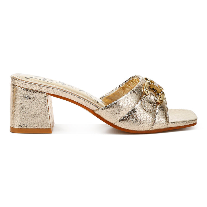 horsebit detail snake print sandals#color_light-gold