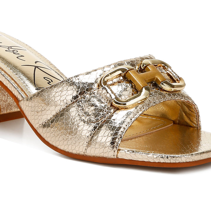 horsebit detail snake print sandals#color_light-gold