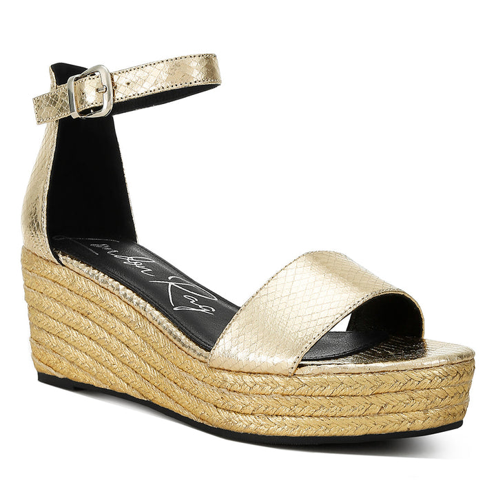 faux leather snake wedge espadrilles#color_gold