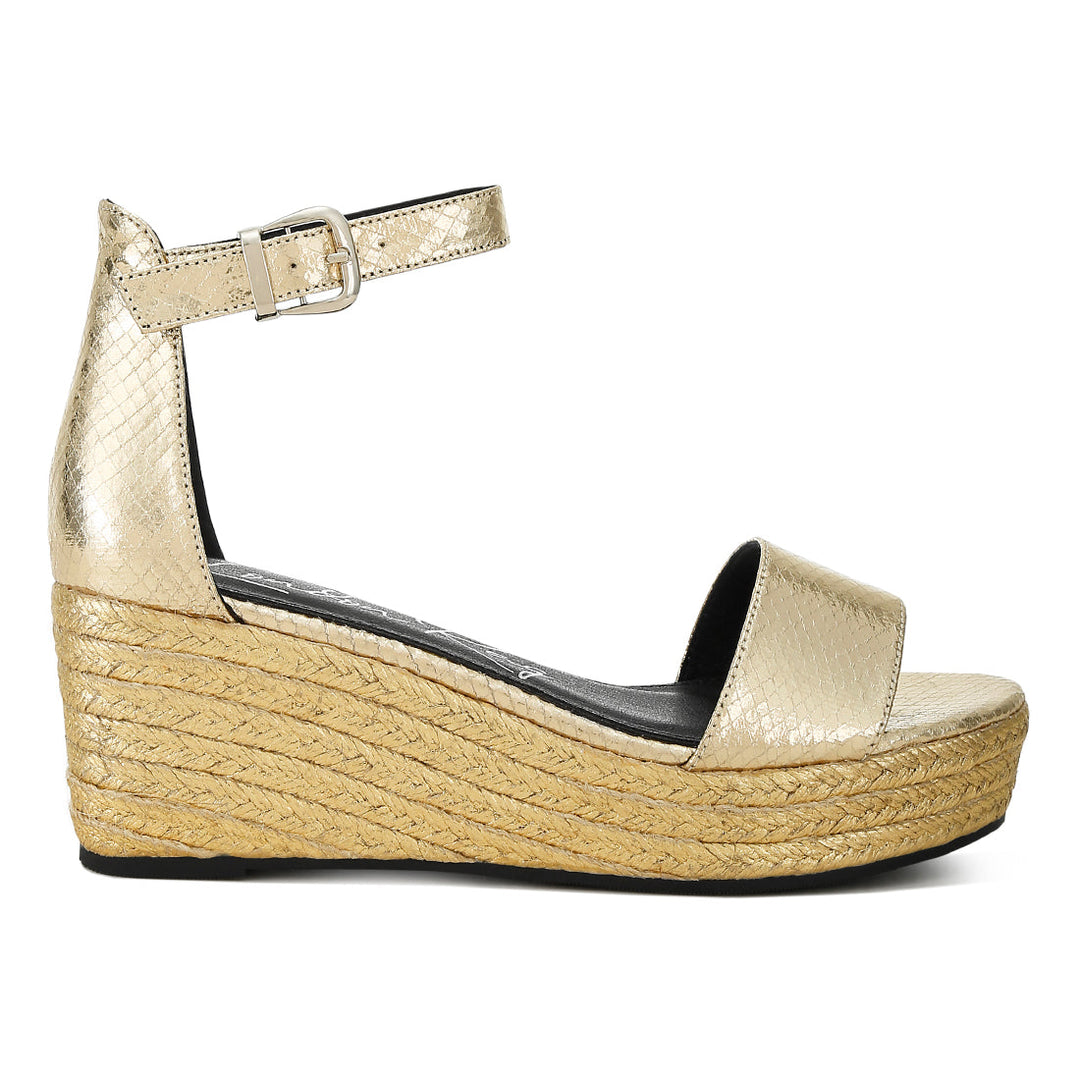 faux leather snake wedge espadrilles#color_gold