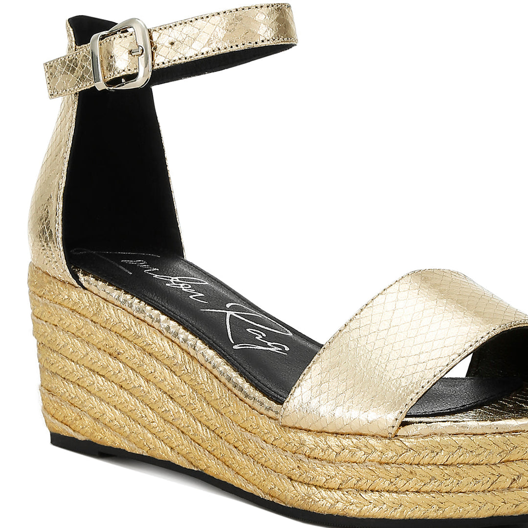 faux leather snake wedge espadrilles#color_gold