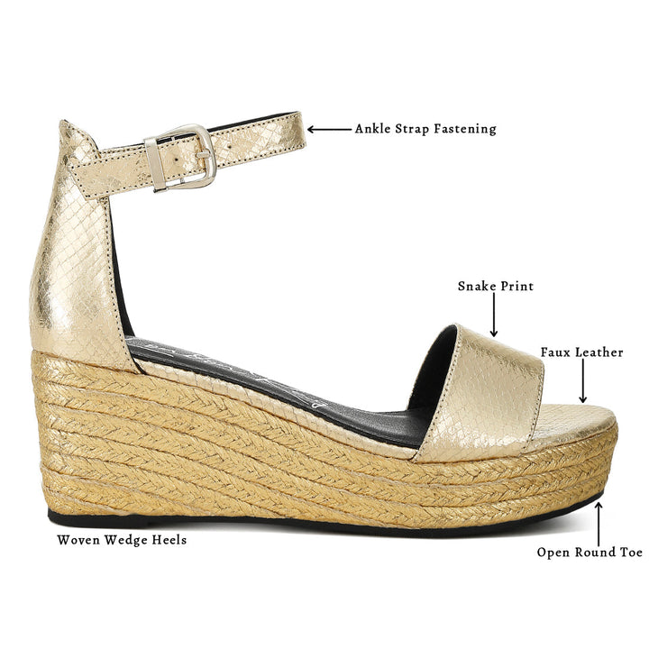 faux leather snake wedge espadrilles#color_gold