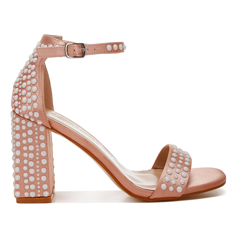 pearls embellished satin sandals#color_rose-gold