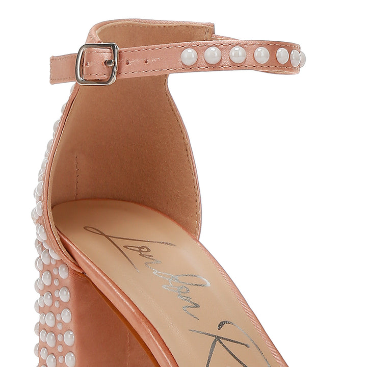 pearls embellished satin sandals#color_rose-gold