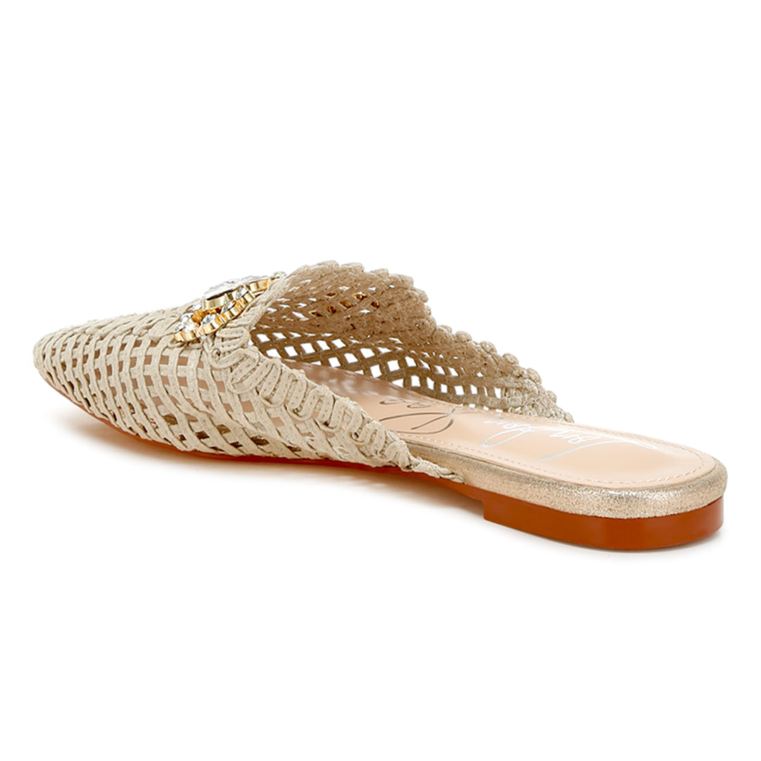 metallic woven diamante mules#color_beige