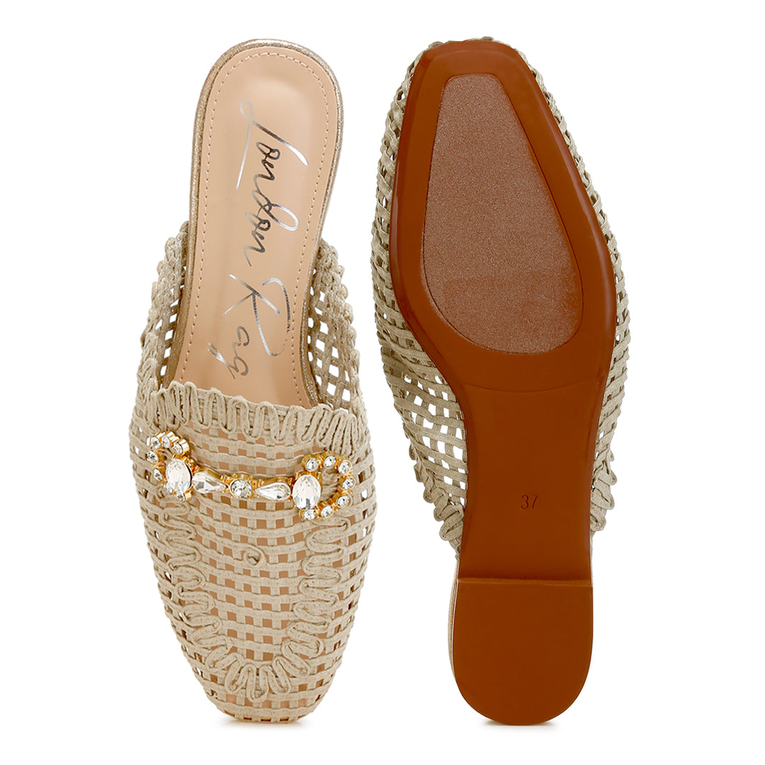 metallic woven diamante mules#color_beige