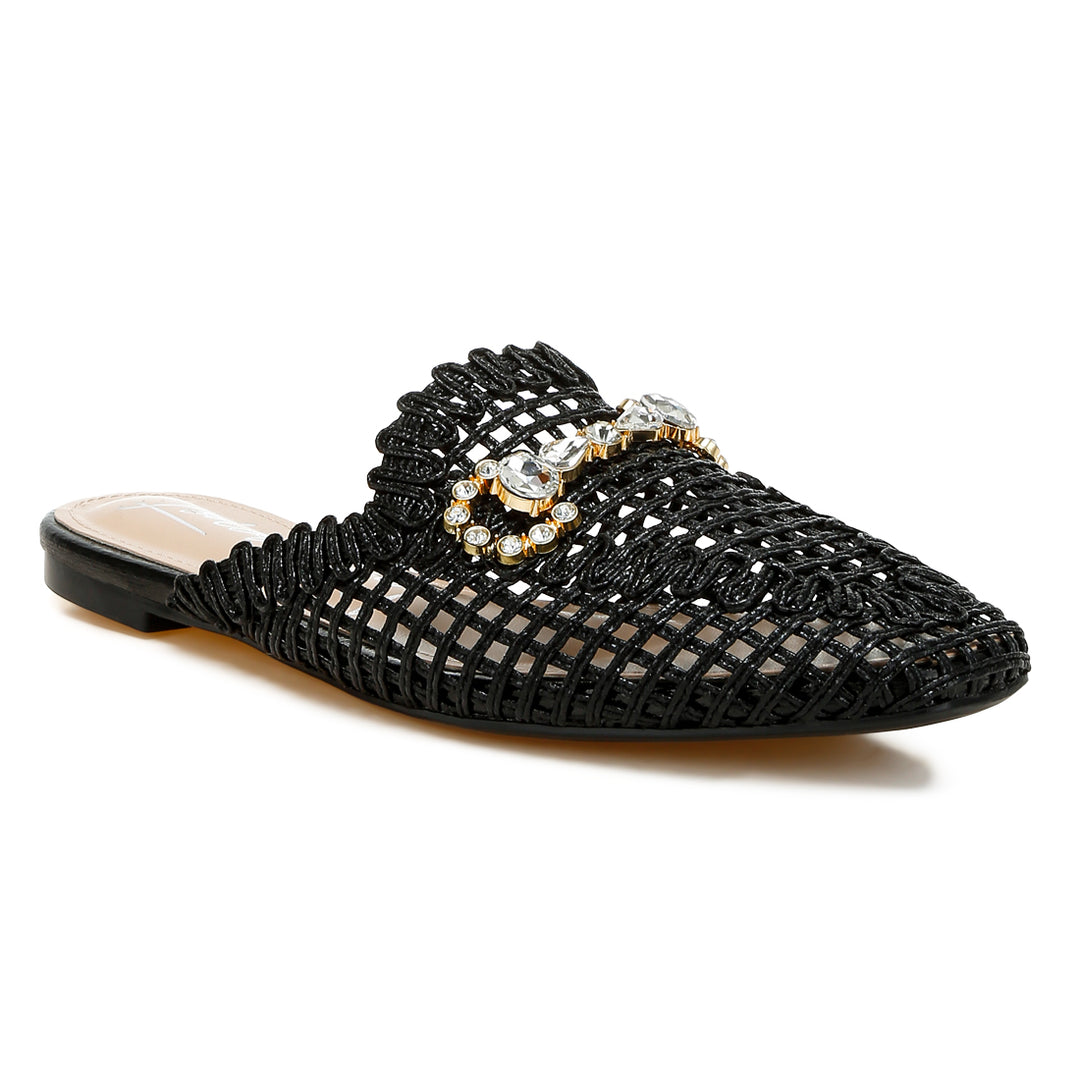 metallic woven diamante mules#color_black