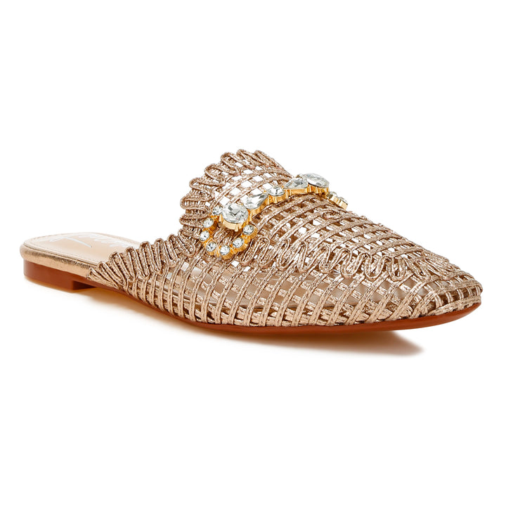 metallic woven diamante mules#color_rose-gold