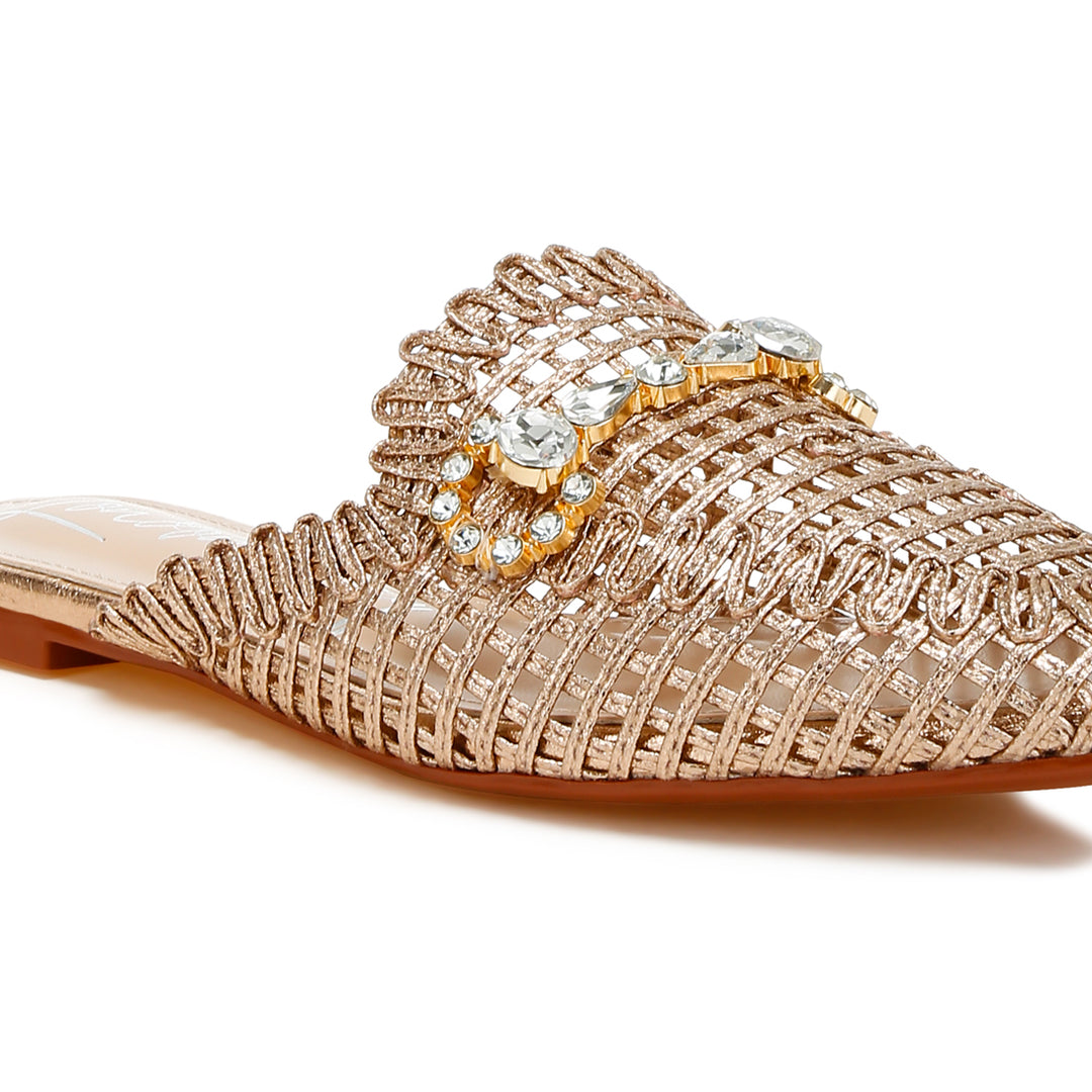 metallic woven diamante mules#color_rose-gold