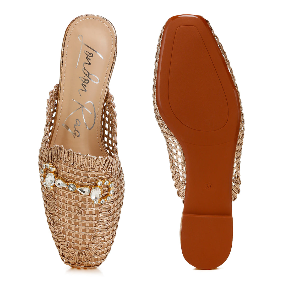 metallic woven diamante mules#color_rose-gold