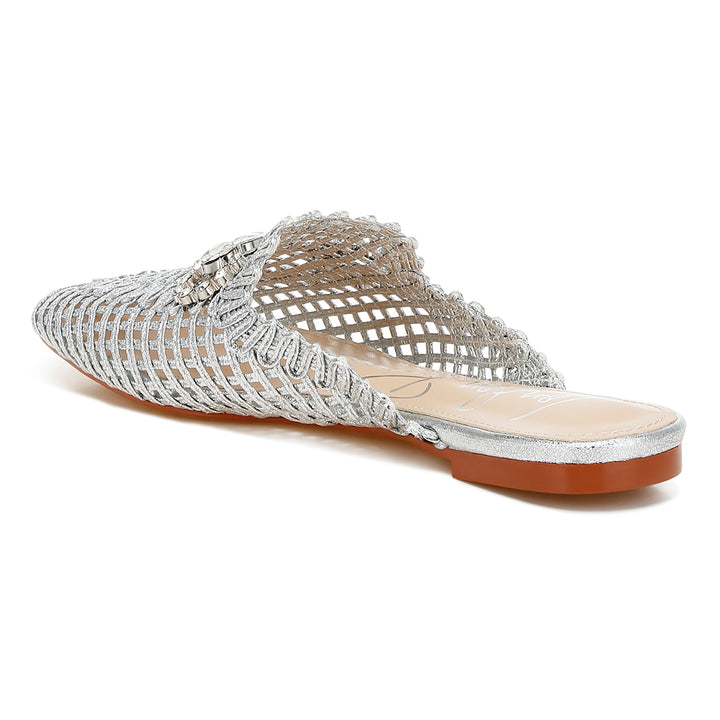 metallic woven diamante mules#color_silver