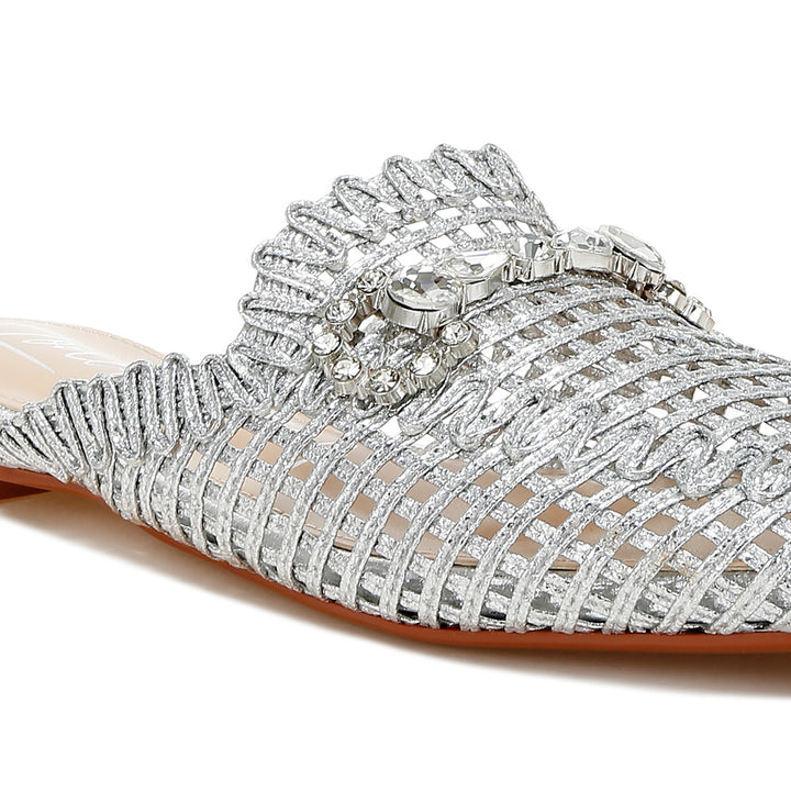 metallic woven diamante mules#color_silver