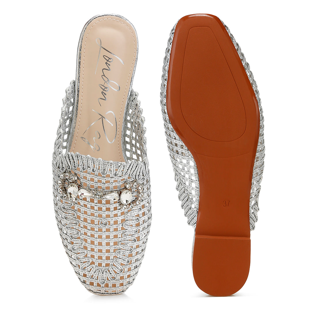 metallic woven diamante mules#color_silver