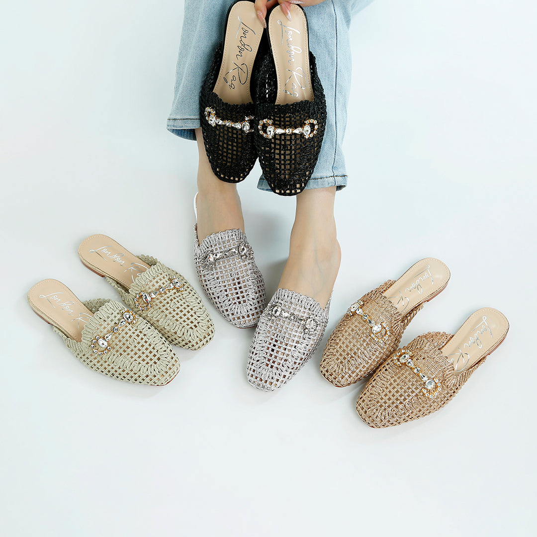 metallic woven diamante mules#color_silver