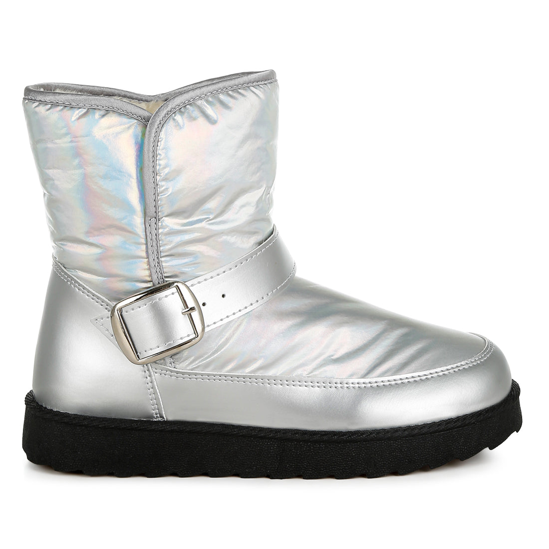 buckle strap puffy ankle boots
#color_silver