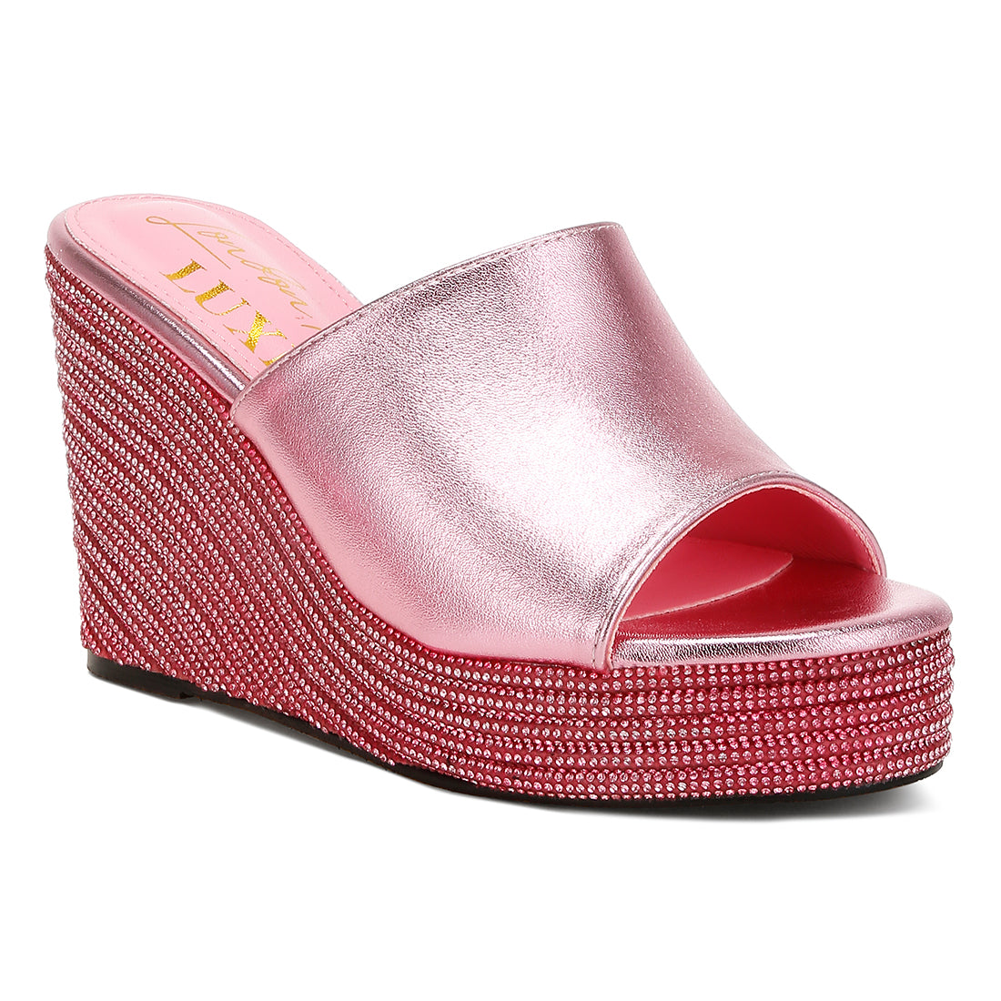 wedge heel peep toe sandals#color_pink