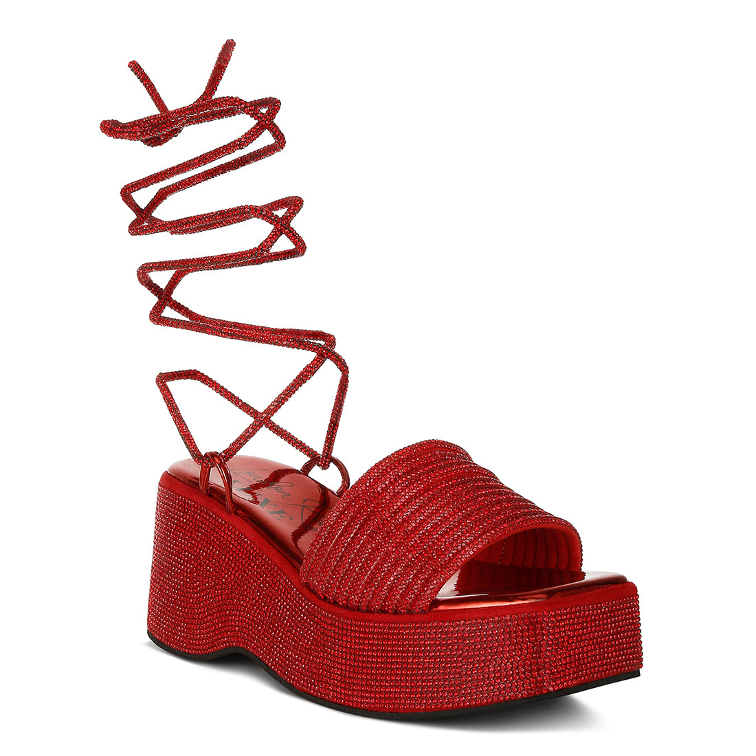 rhinestone embellished lace-up sandals#color_Red