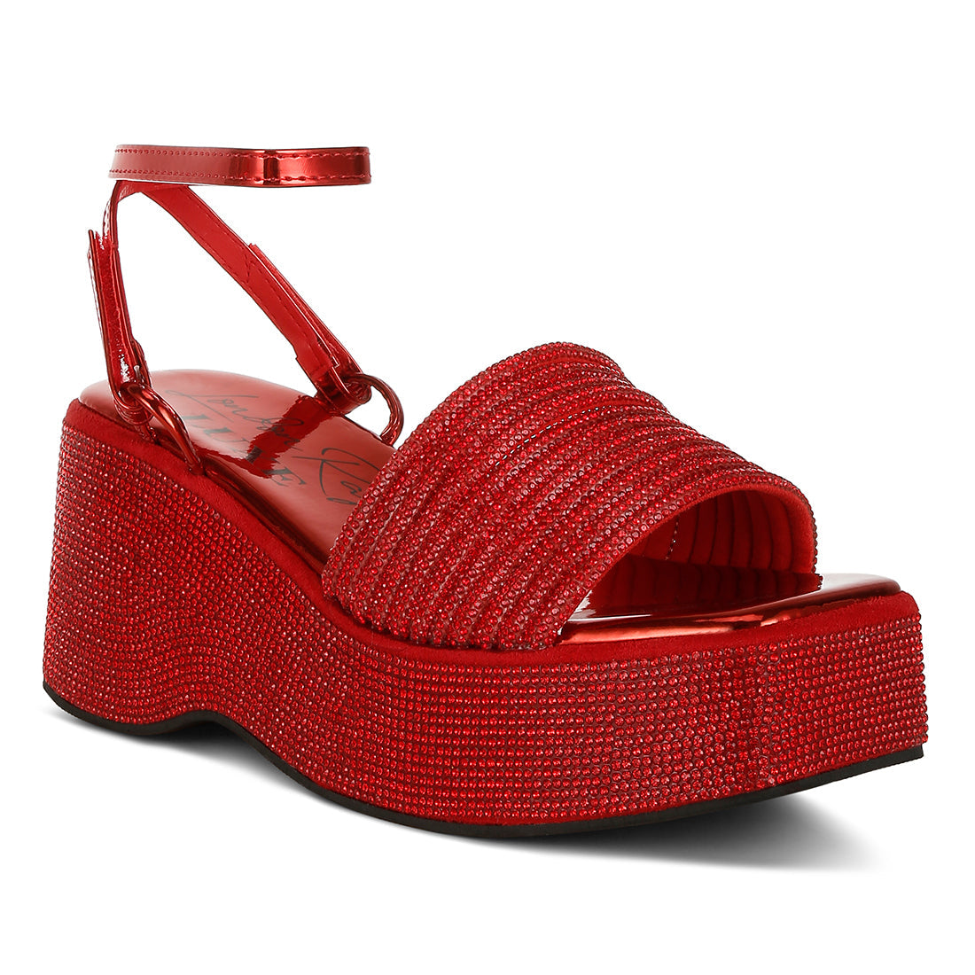 rhinestone embellished lace-up sandals#color_Red