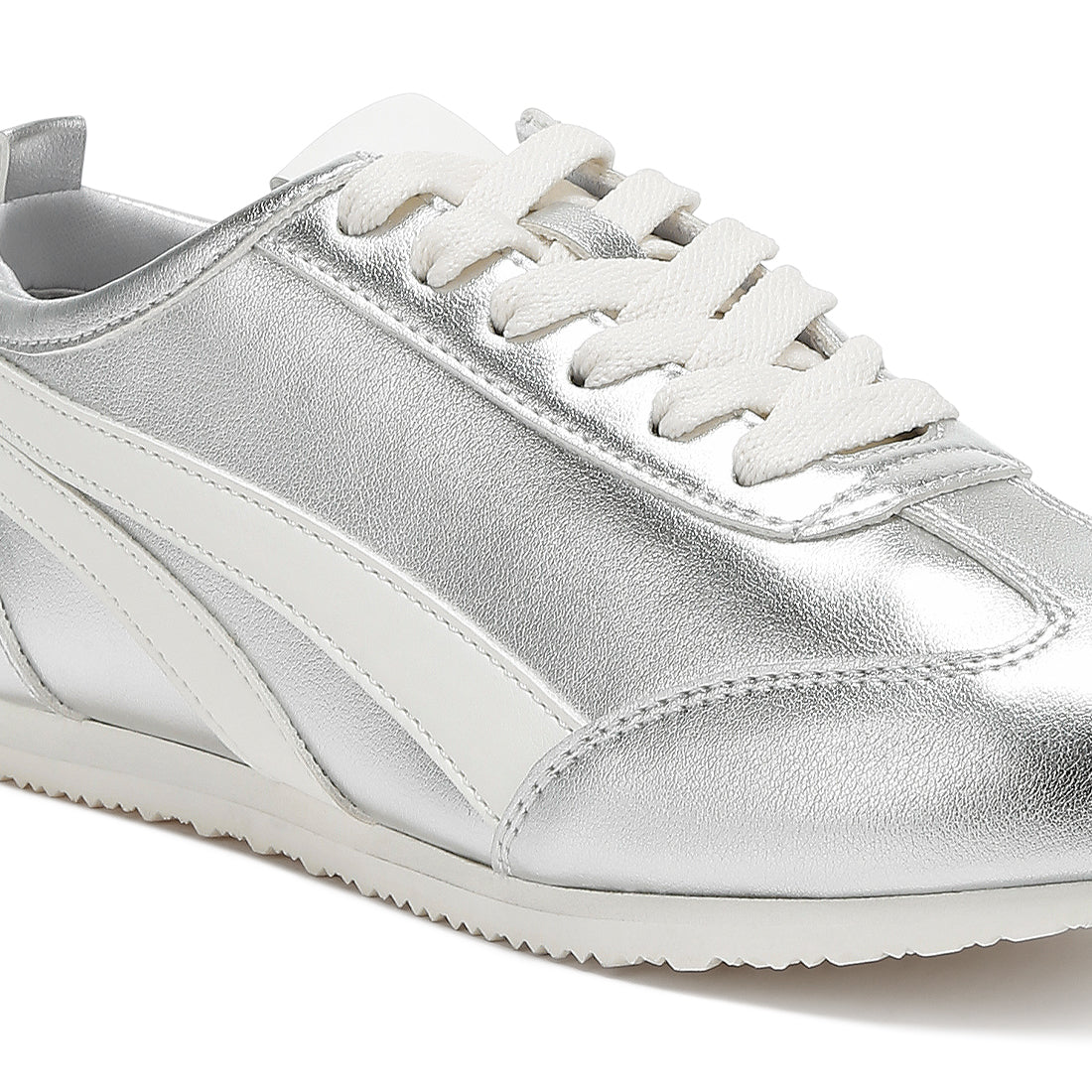 faux leather lace-up sneakers#color_silver