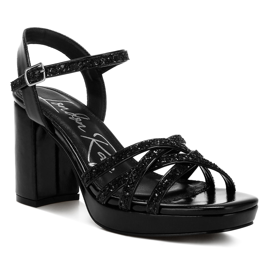 glitter strappy block sandals#color_black
