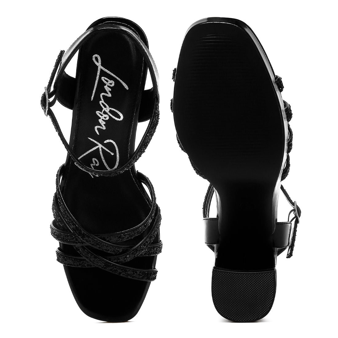 glitter strappy block sandals#color_black