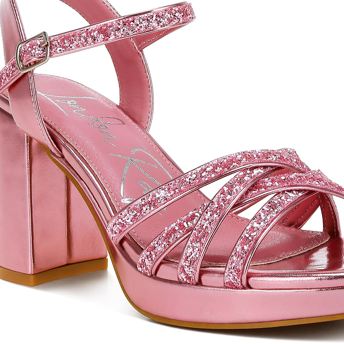 glitter strappy block sandals#color_pink