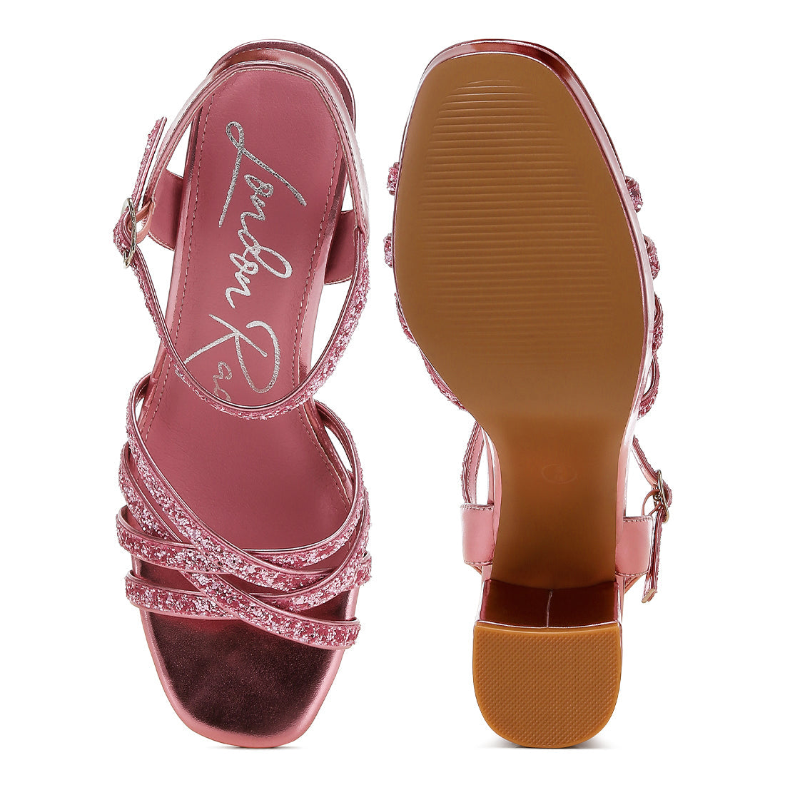 glitter strappy block sandals#color_pink