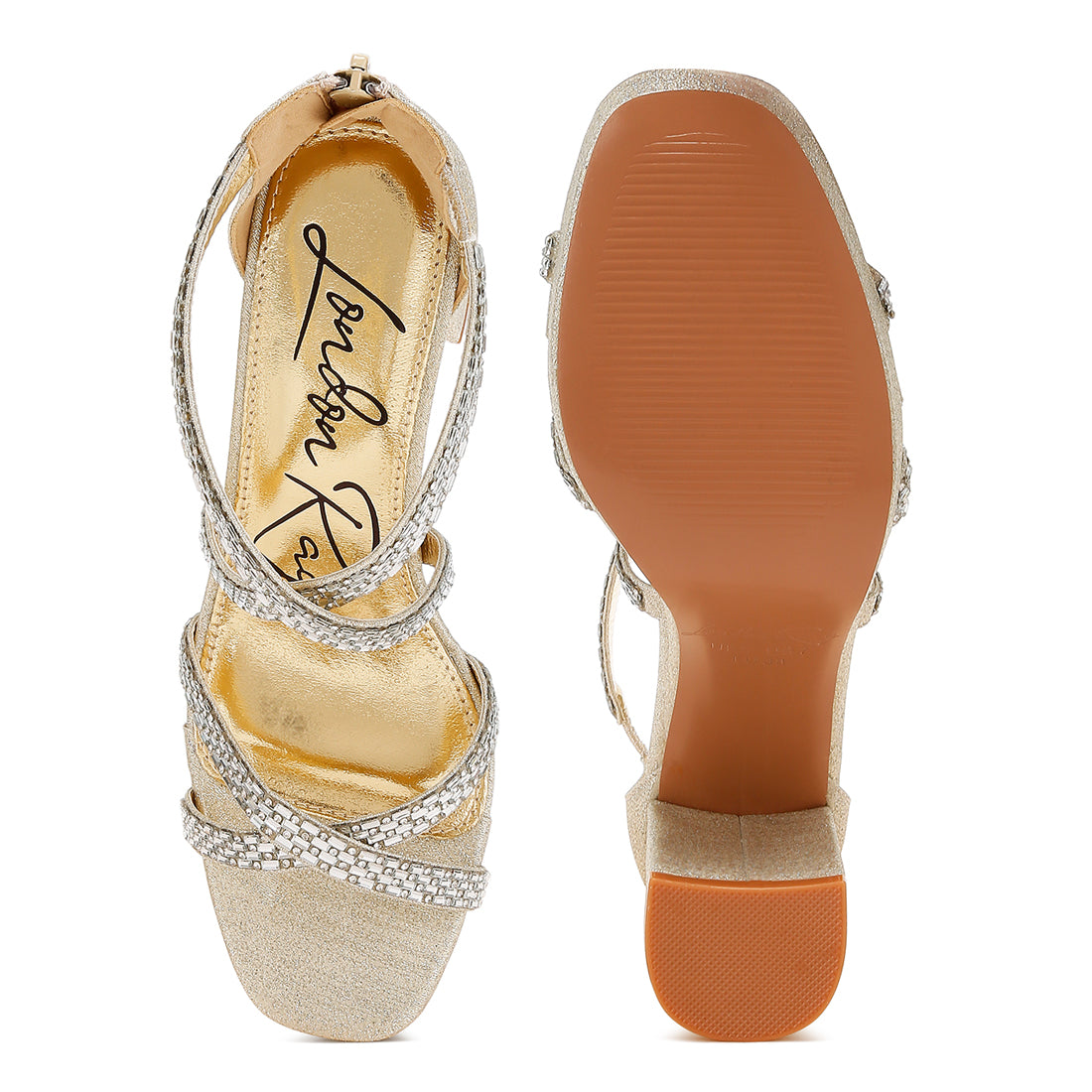 rhinestones embellished strappy sandals#color_gold