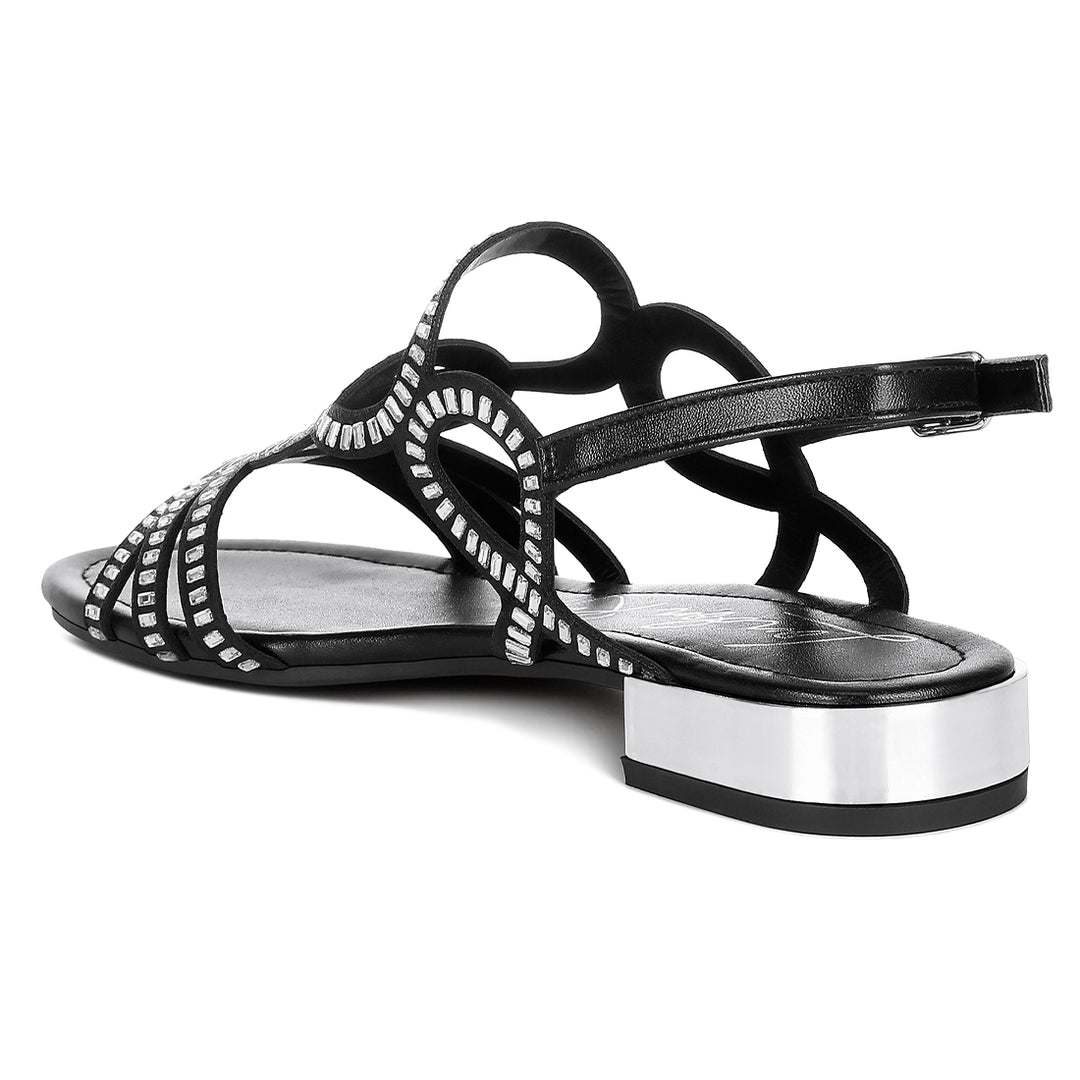 cut out detail rhinestone flat sandals#color_black