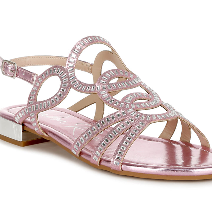 cut out detail rhinestone flat sandals#color_pink