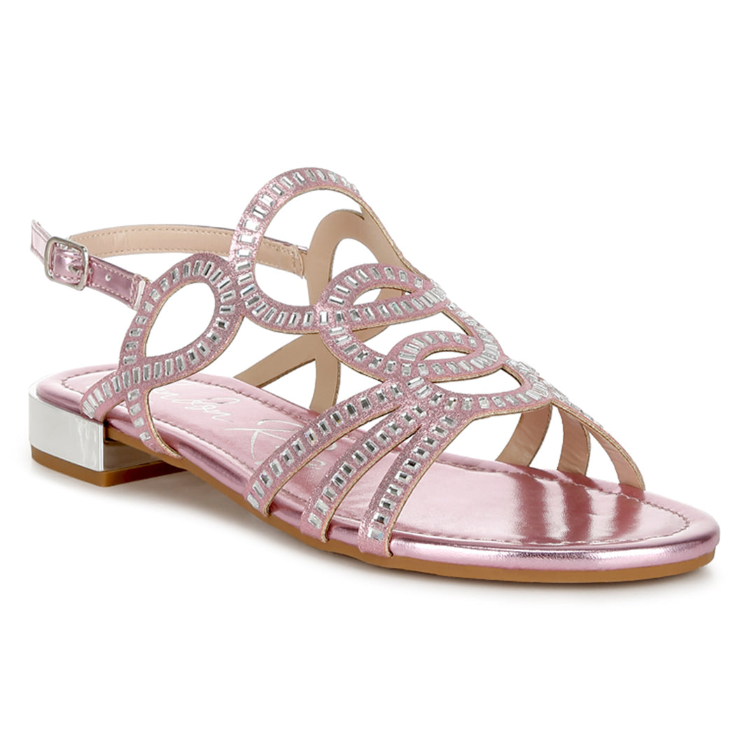 cut out detail rhinestone flat sandals#color_pink