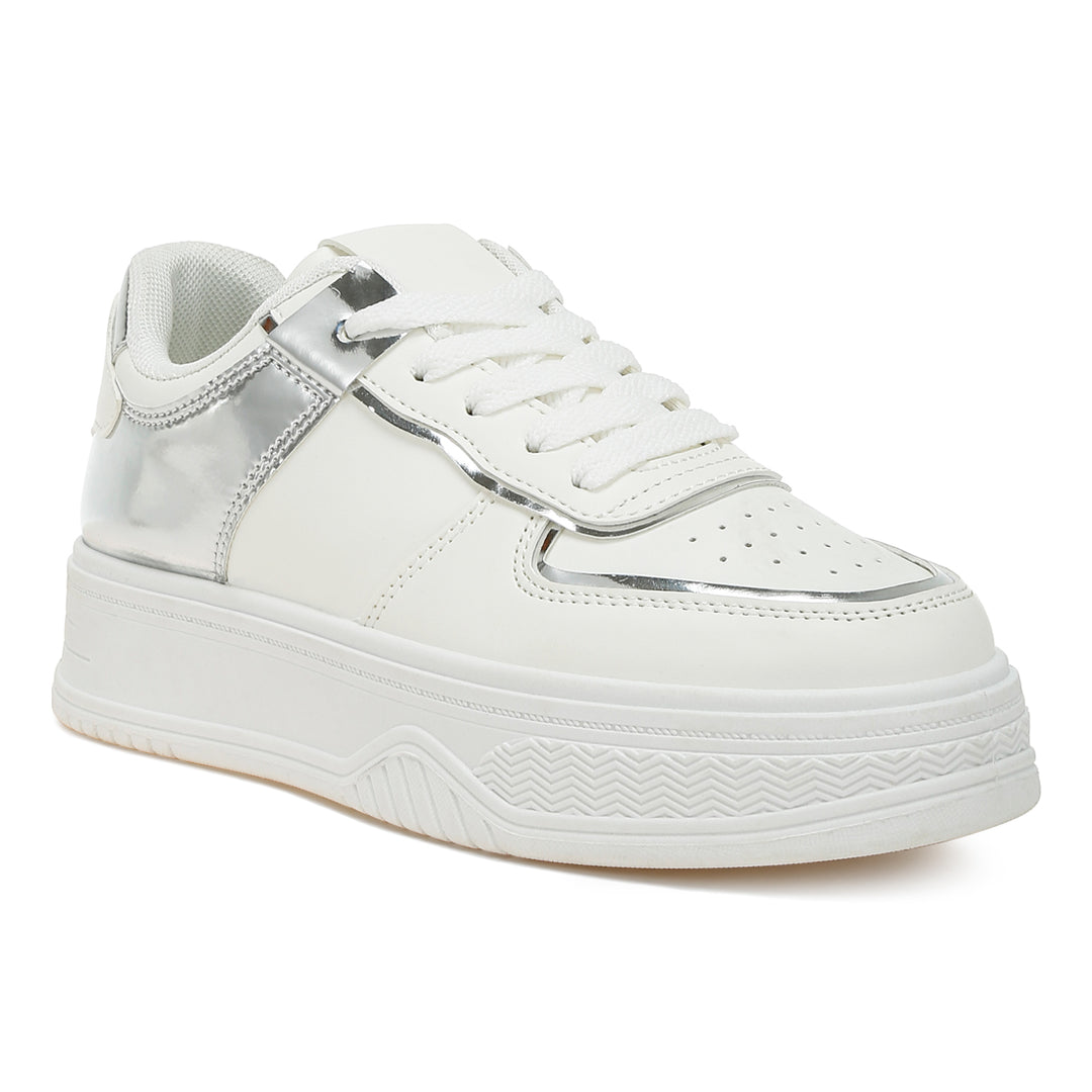 metallic paneling platform sneakers#color_white-silver