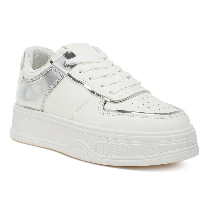 metallic paneling platform sneakers#color_white-silver