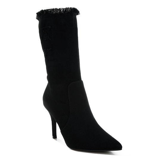 distressed denim mid-calf boots#color_black