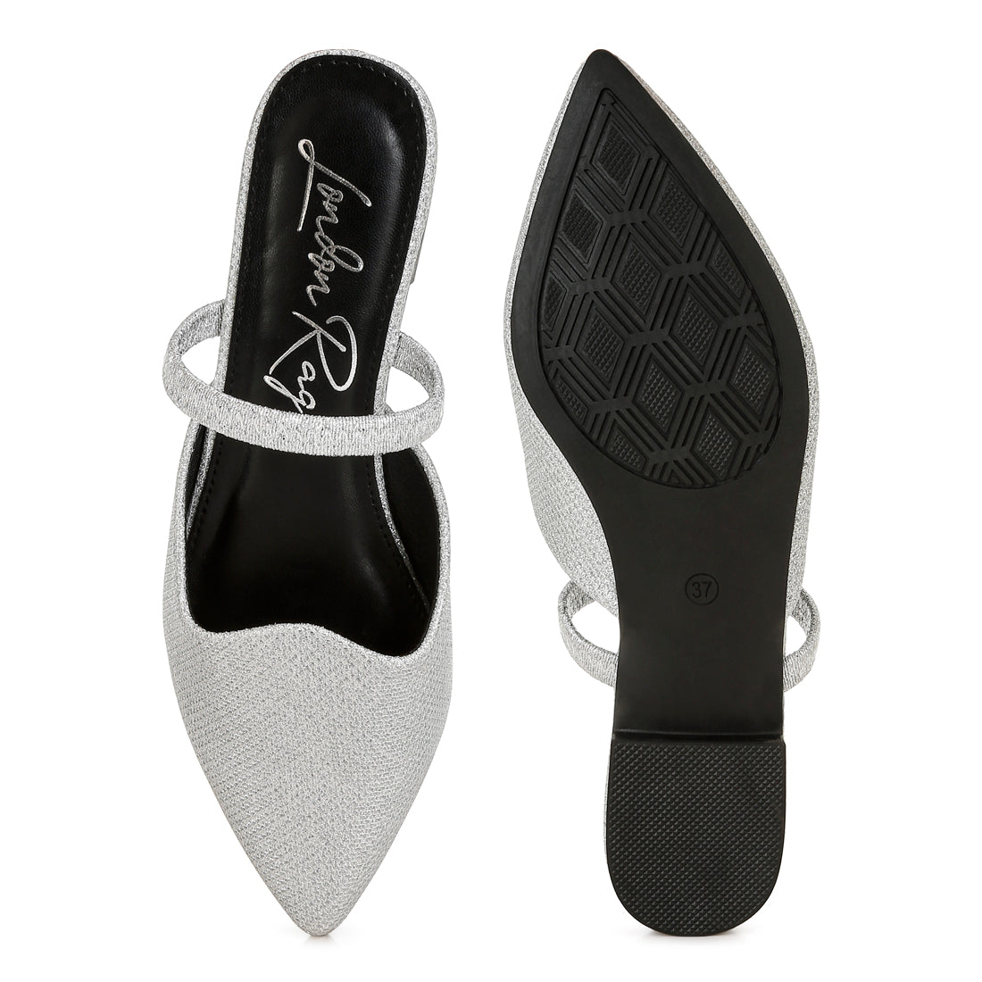 glitter faux leather flat mules#color_silver