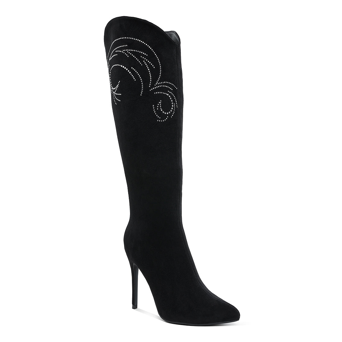 rhinestone patterned calf boots#color_black