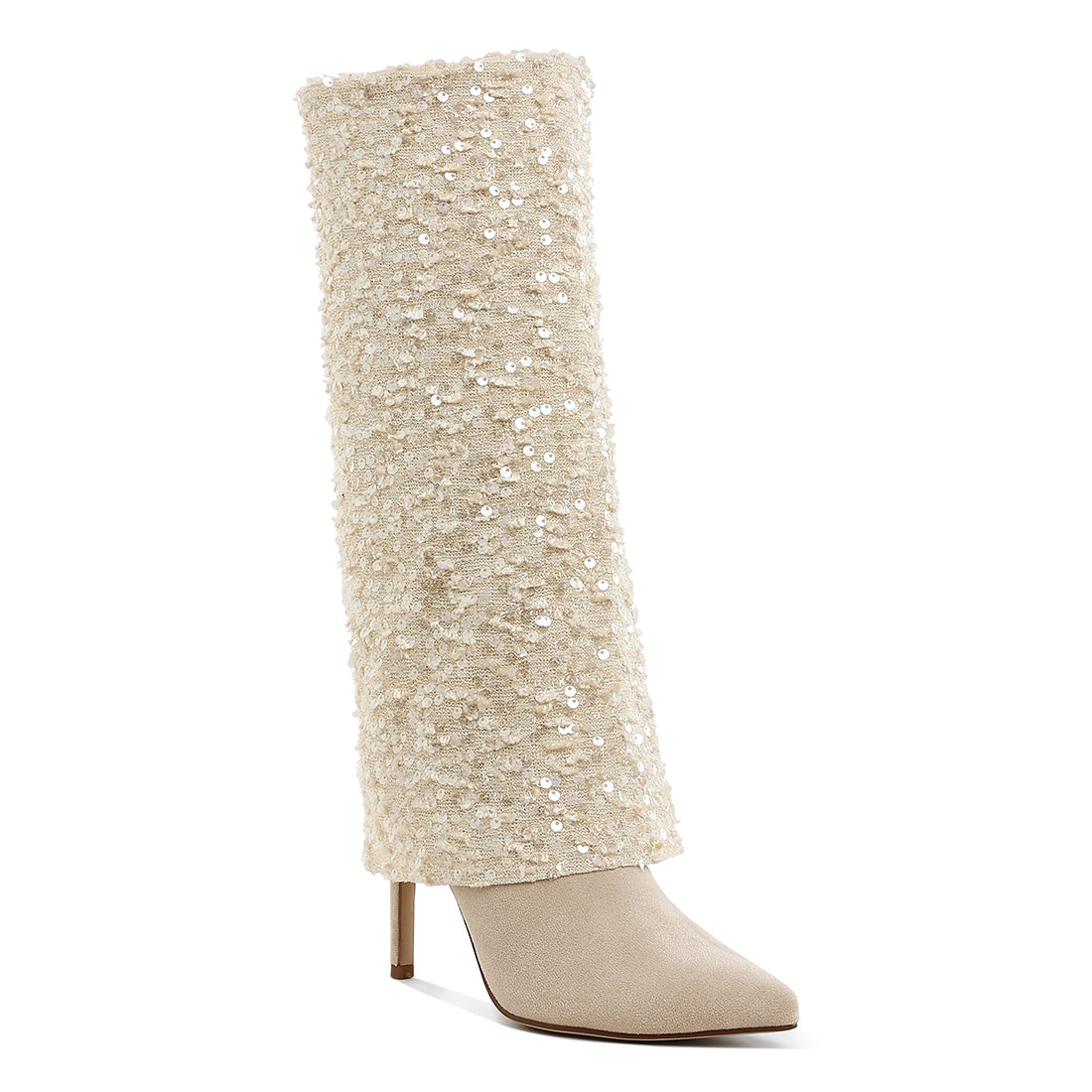 sequinned fold-over calf boots#color_beige