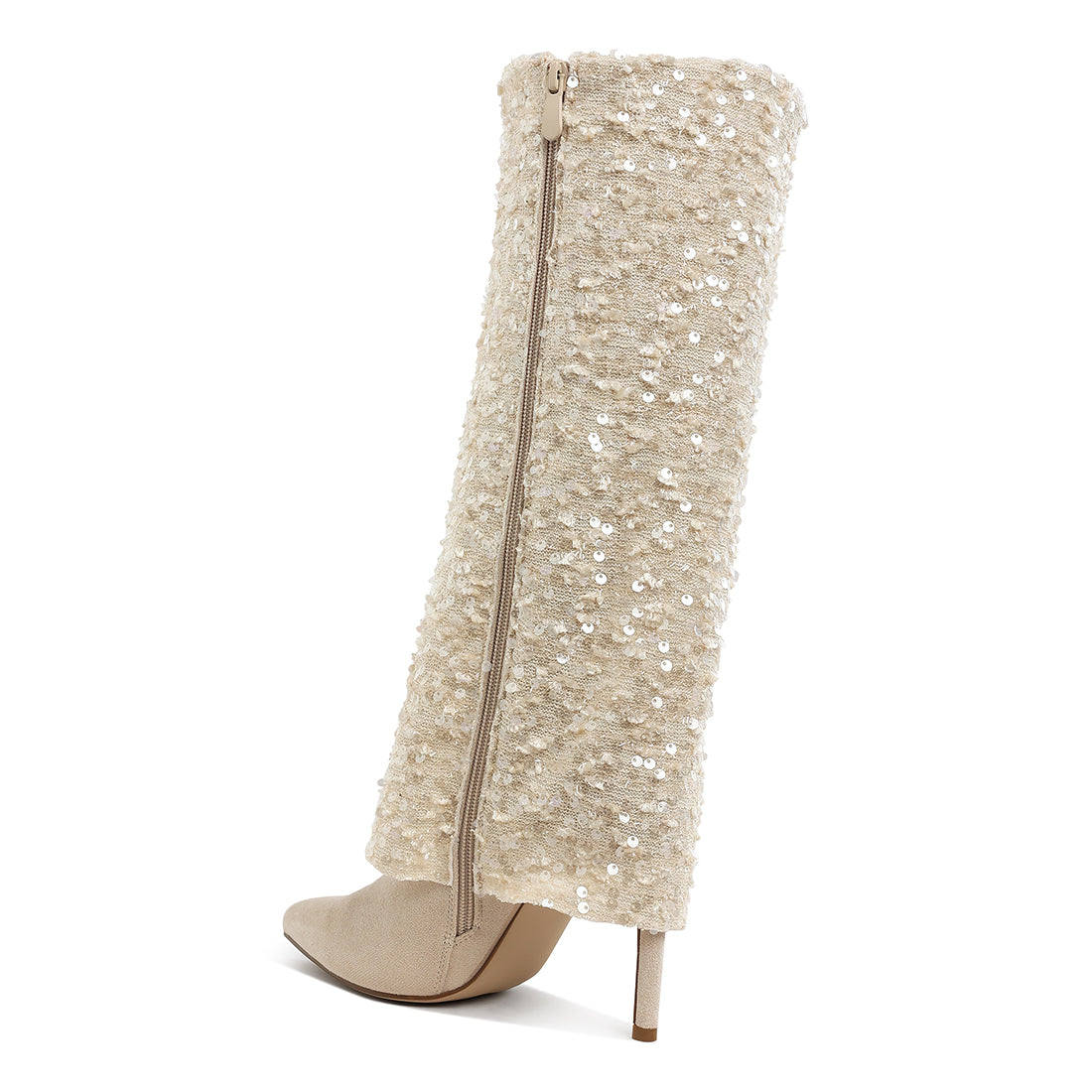 sequinned fold-over calf boots#color_beige
