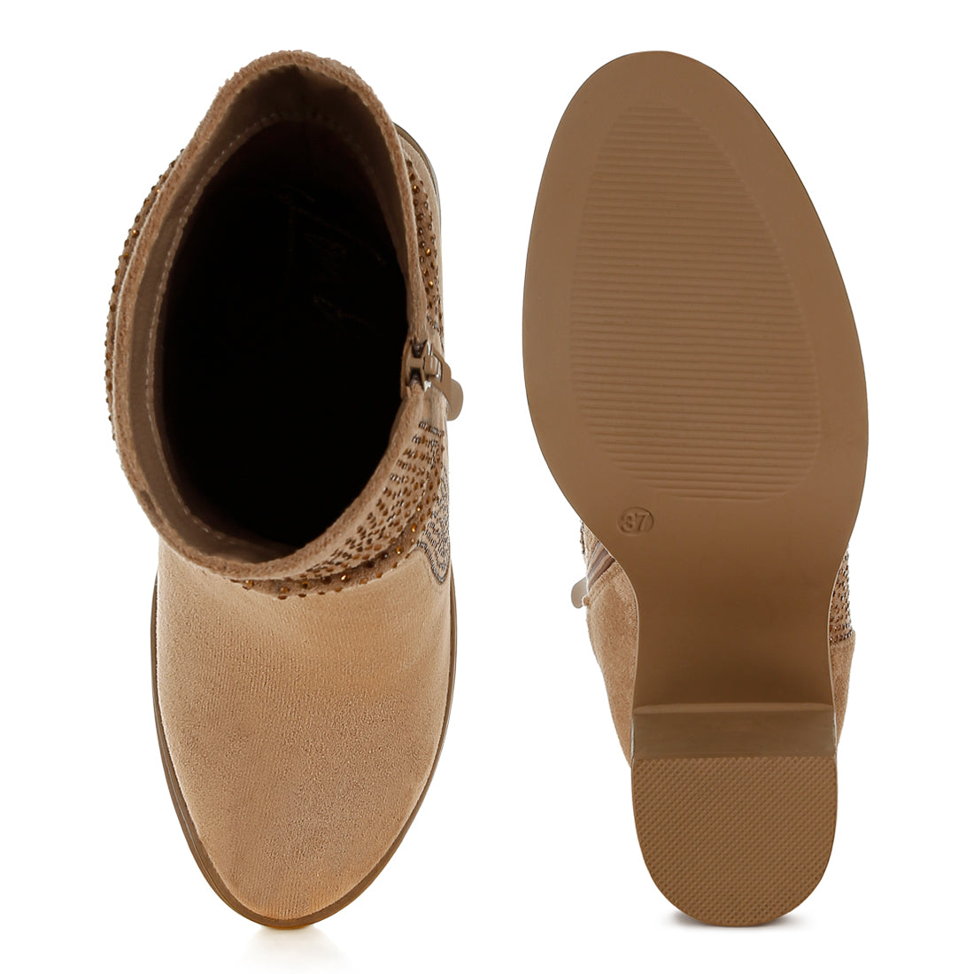 rhinestone studded slouchy ankle boots#color_beige