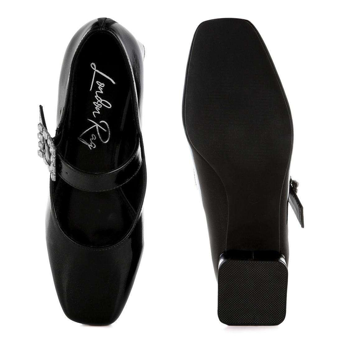 diamante brooch metallic mary jane pumps#color_black
