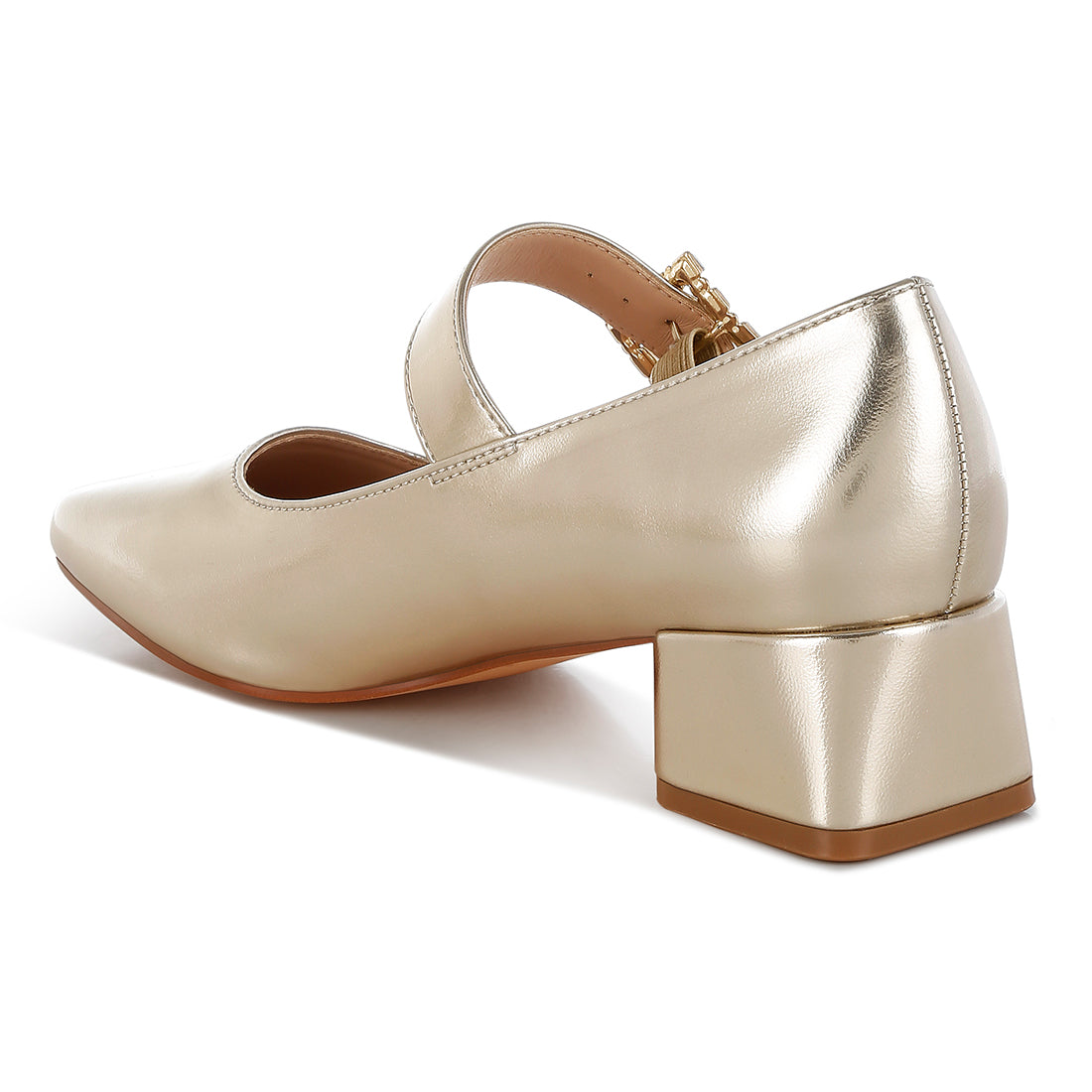 diamante brooch metallic mary jane pumps#color_gold