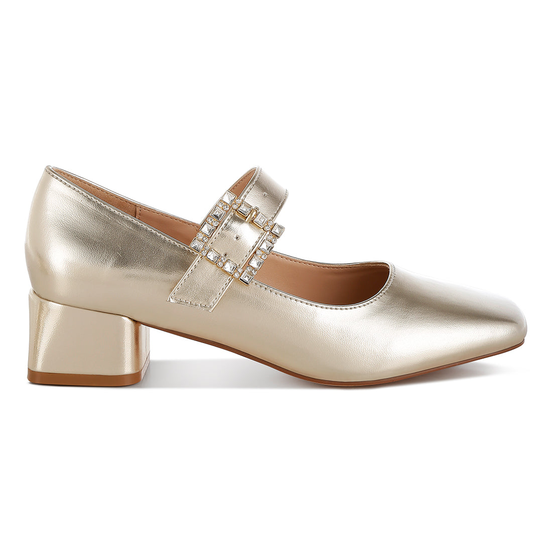 diamante brooch metallic mary jane pumps#color_gold