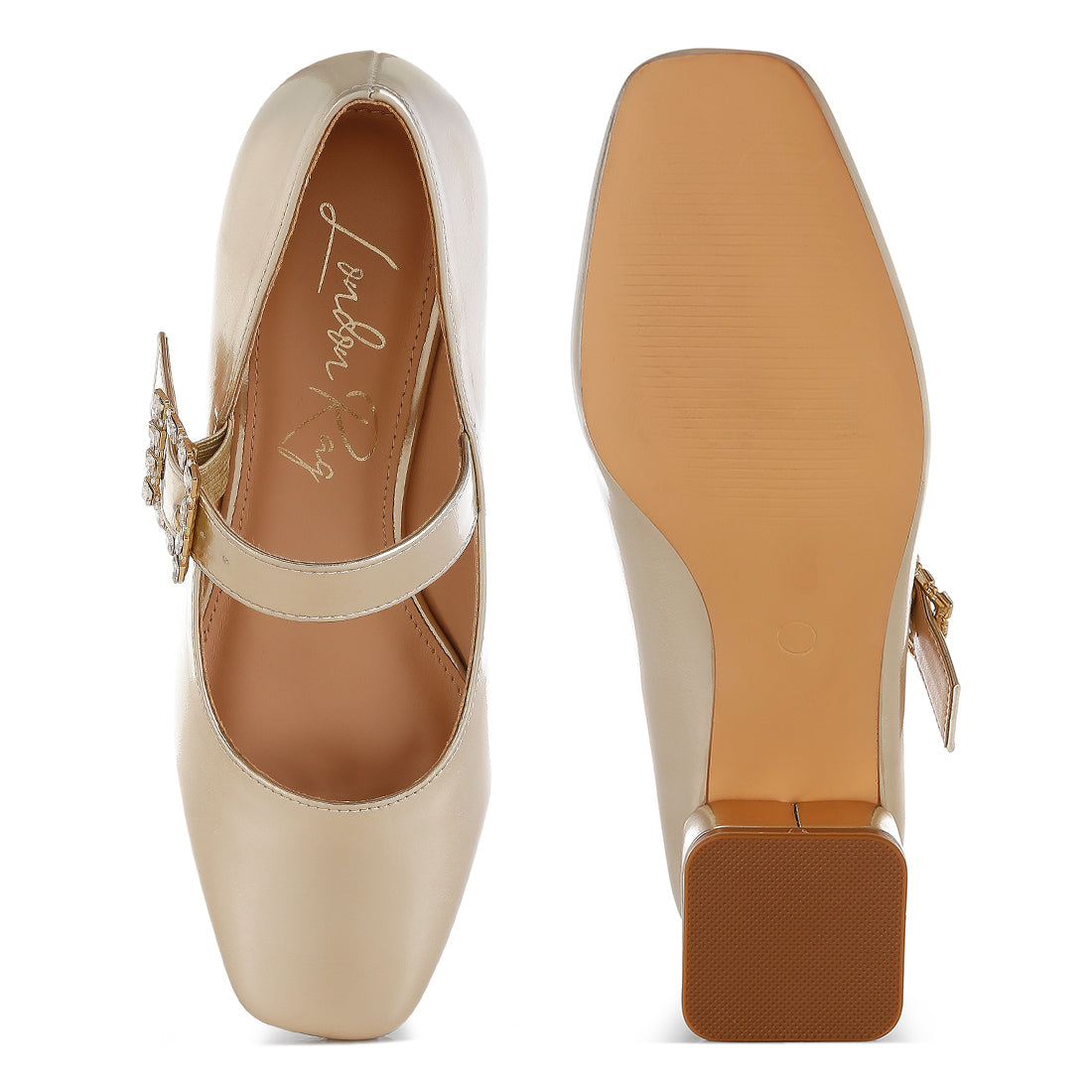 diamante brooch metallic mary jane pumps#color_gold