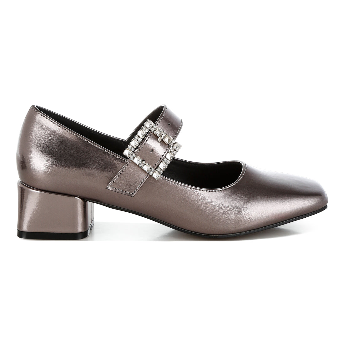 diamante brooch metallic mary jane pumps#color_pewter