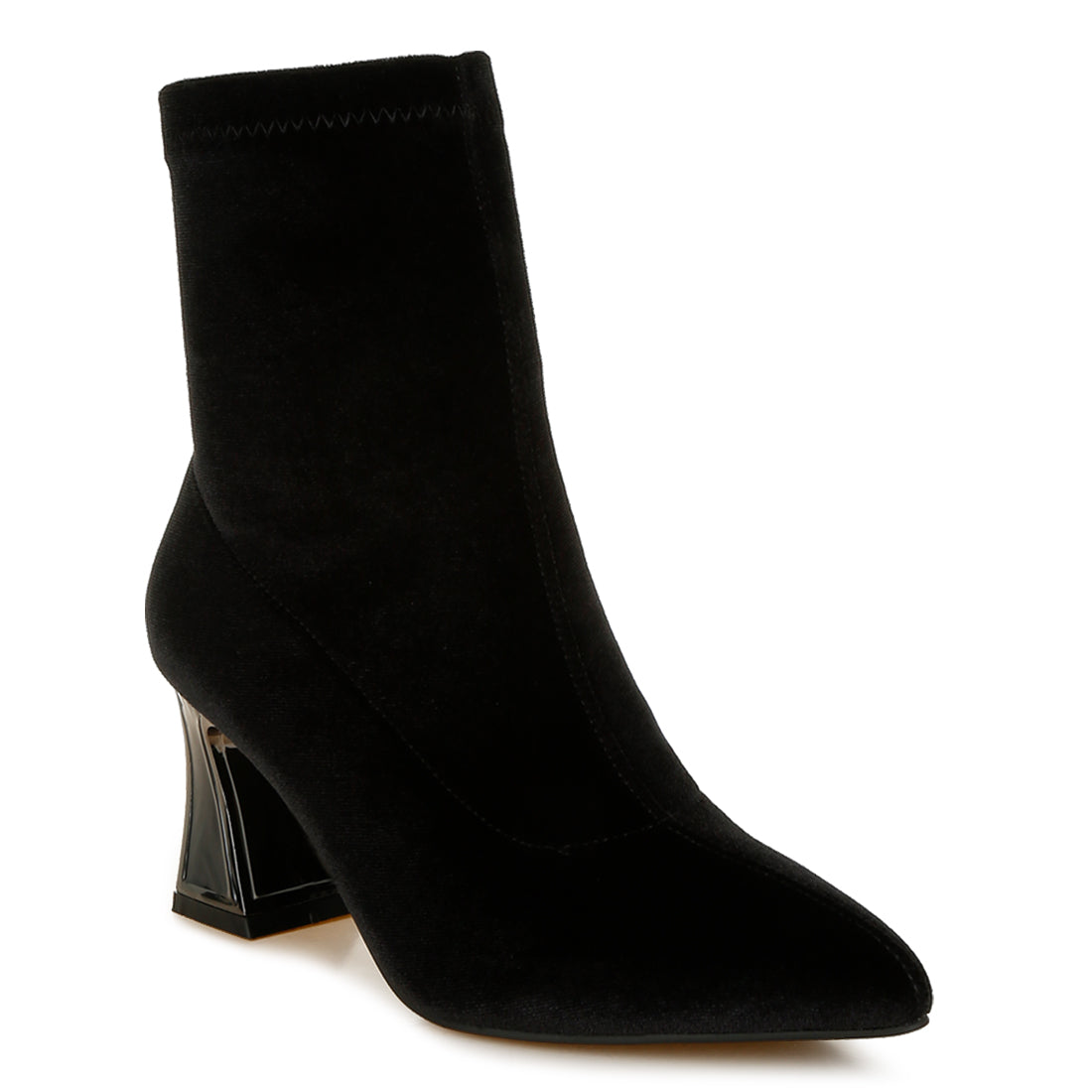 flared block heel velvet boots#color_black