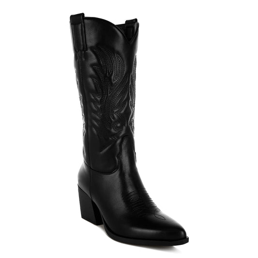 faux leather long cowboy boots#color_black