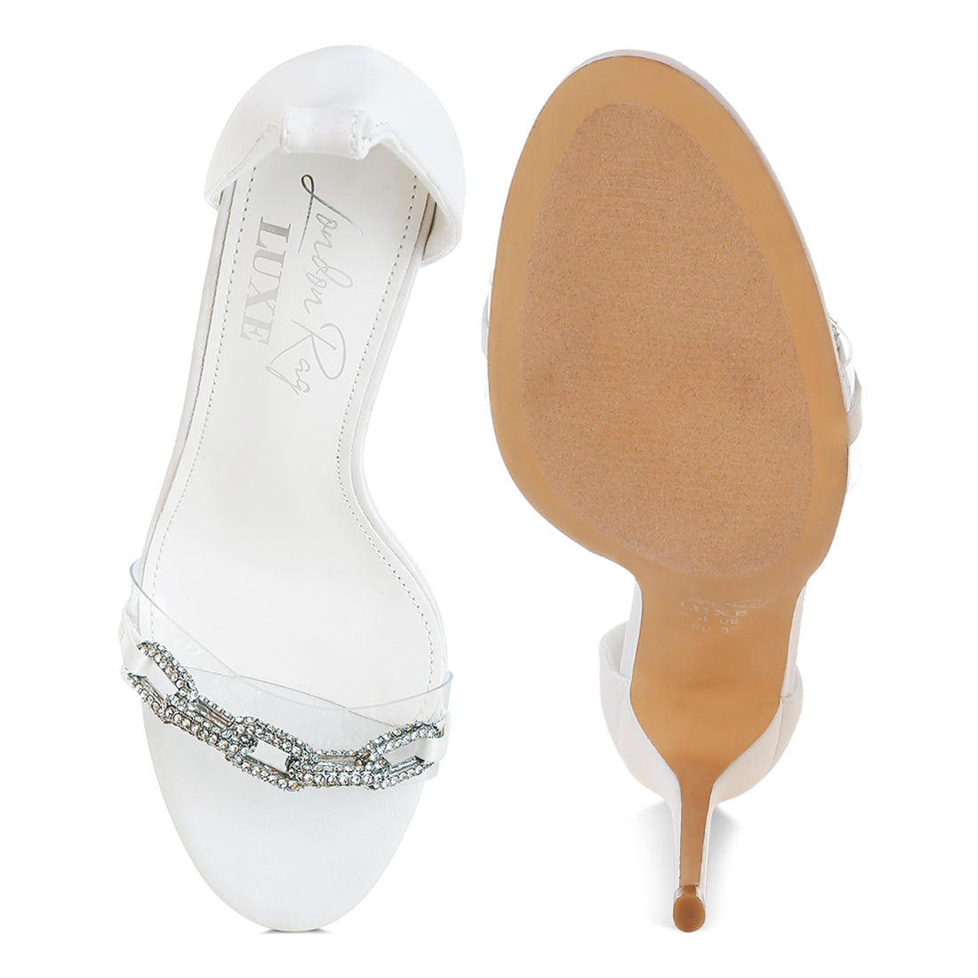 rhinestones chain stiletto sandals#color_white