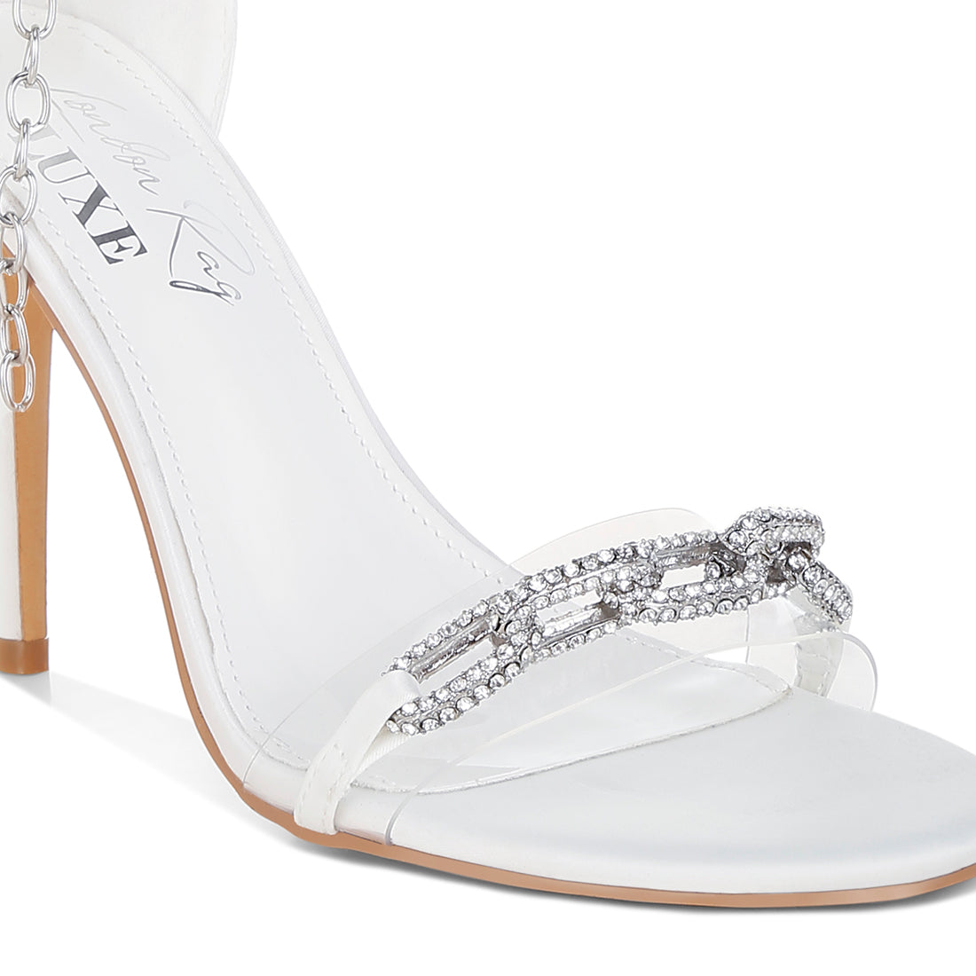 rhinestones chain stiletto sandals#color_white